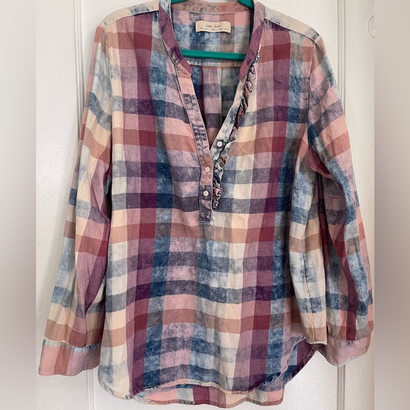 Anthropologie Tops - Anthropologie Plaid Flannel V-Neck with Ruffles